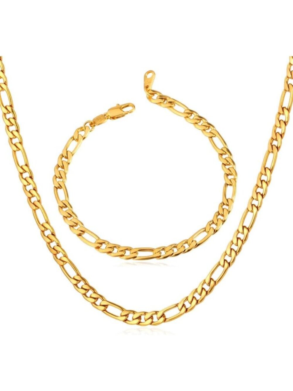 Twisted Rope & Figaro Chain Necklace & Bracelet Set - Stainless Steel, 16"-30